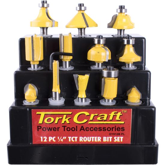 TORK CRAFT Router Bit Set 12pc Plastic Box 1/4 Shank